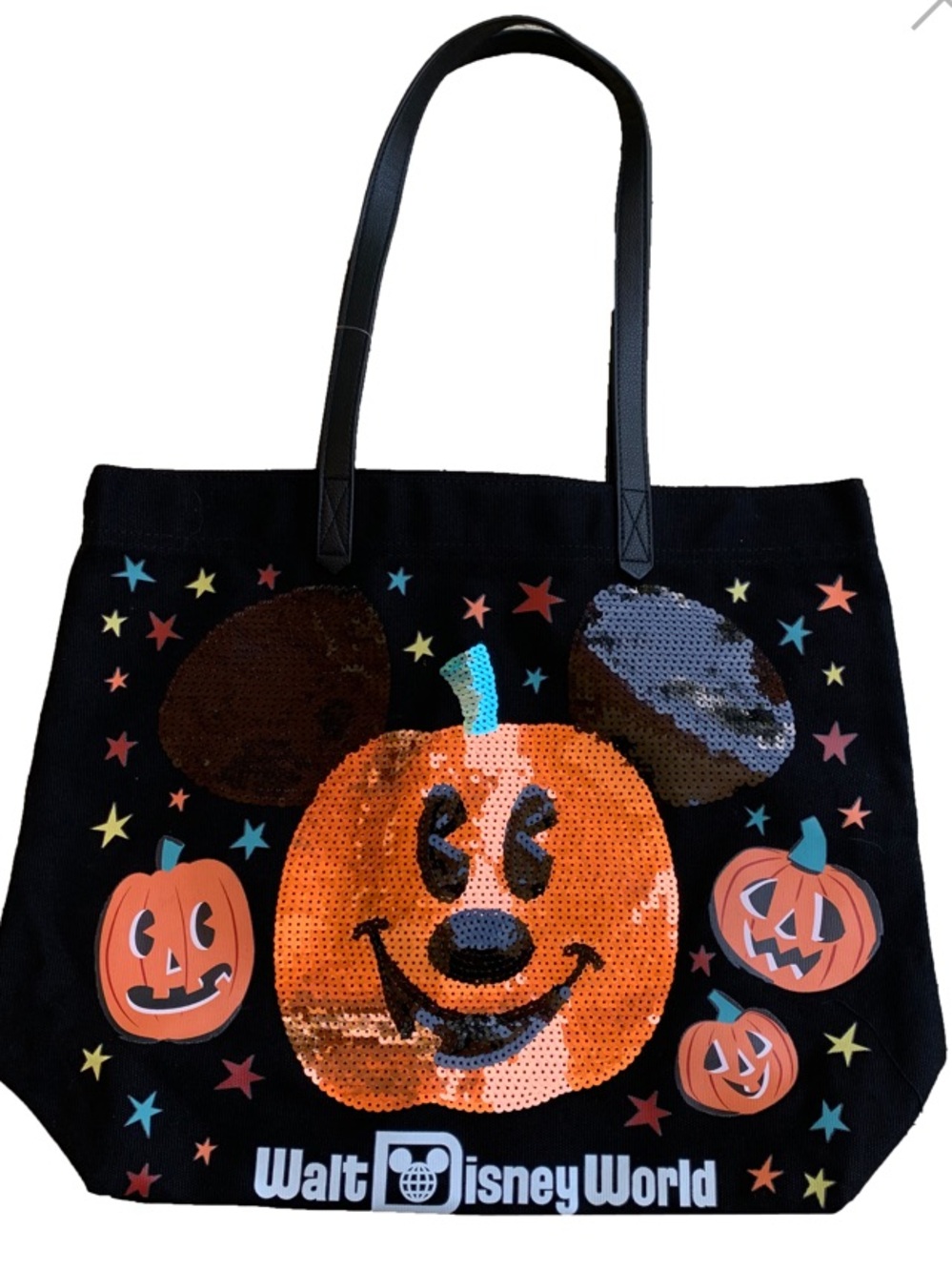 NWT Disney World Black Halloween Pumpkin Mickey Sequin Tote